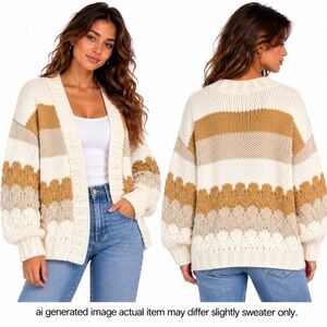 Paper Heart Striped Chunky Knit Cardigan Women M Cream Tan Boho Balloon Sleeve